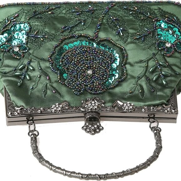 Womens Vintage Floral Beaded Rhinestone Embroidery Clutch Sequin Crossbody Bag E - Picture 4 of 7